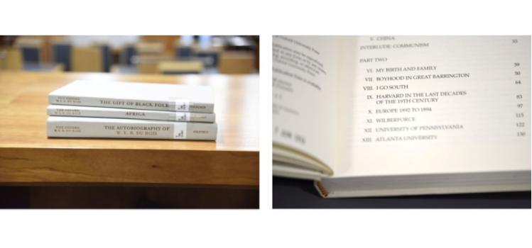 Two images side by side: one showing three stacked books and the other, an open book
