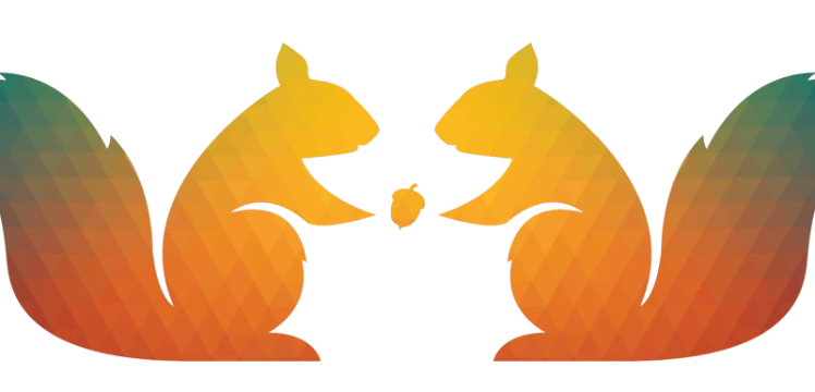 logo, two squirrels facing each other with an acorn between