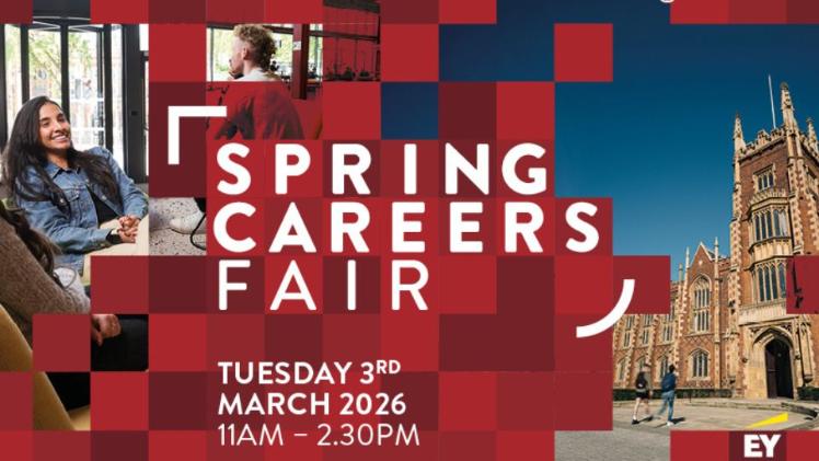 red background image of students chatting and text says spring careers fair