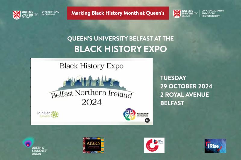 Flyer for Black History Expo, with event details and logos on blue sky background