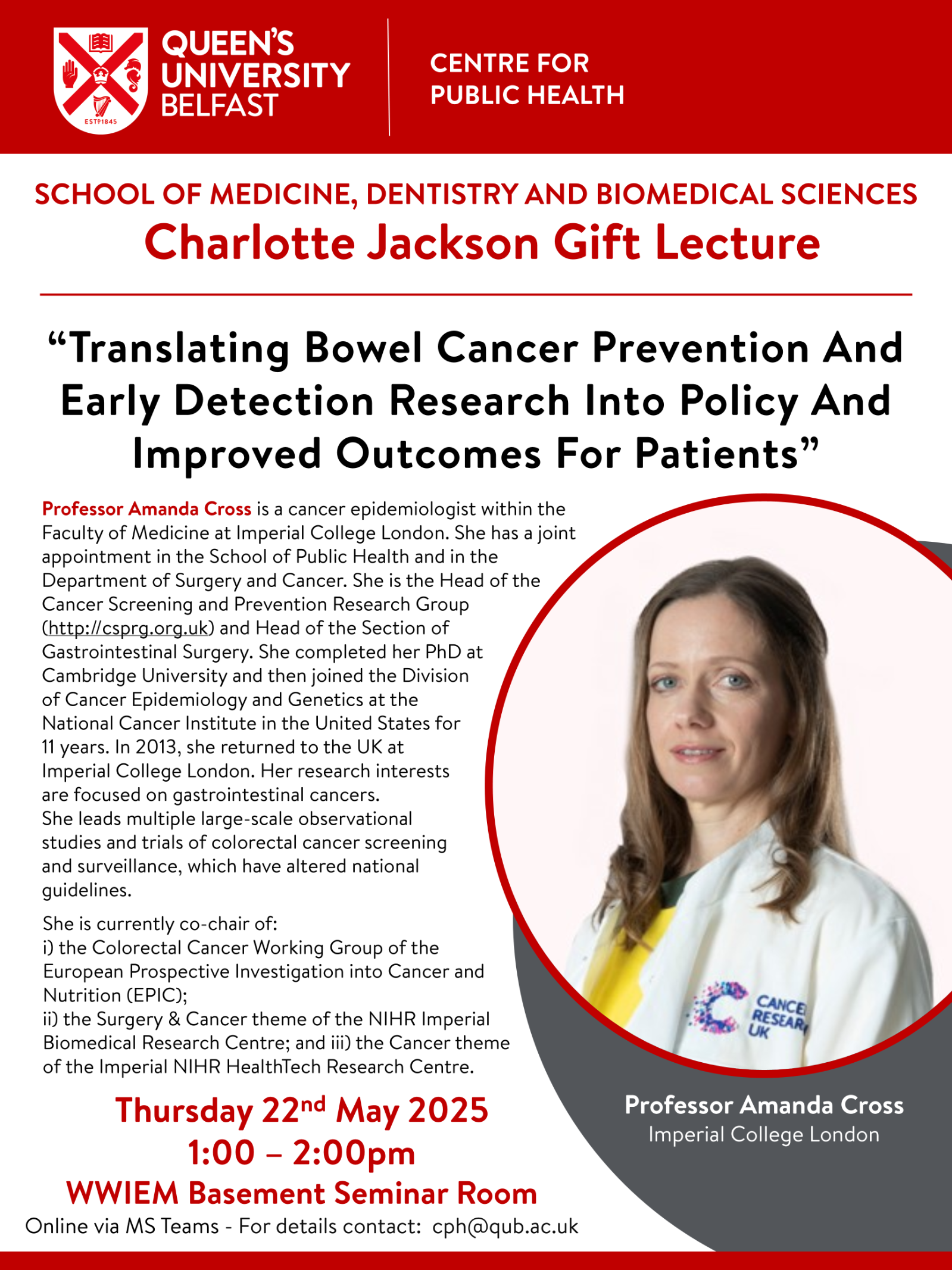 Poster for Charlotte Jackson Gift Lecture - Prof Amanda Cross