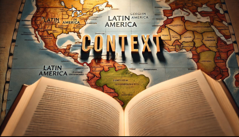 graphic showing south america, open book and the word context