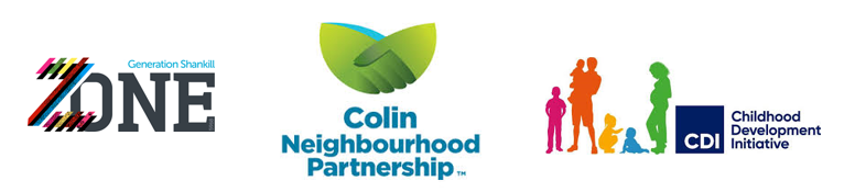 Logos for Generation Shankill Zone, Colin Neighbourhood Partnership and Childhood Development Initiative