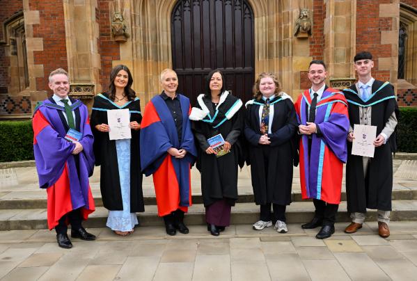03. L-R: Dr Ryan Feeney, Vice President & Registrar at Queen’s; Emma McAllister, Level 4 Certificate Graduate and speaker; Prof Margaret Topping, Pro-Vice Chancellor (Global Engagement) at Queen's; Sarajane Waite, Director, RCITY; Zara Meadows, Poet and guest speaker; Dr Wayne Travers, Chairperson of Foróige; Aiden Preston, Level 4 Certificate Graduate