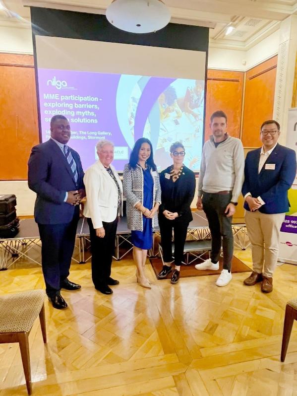 From left to right: Alfred Abolarin (Honorary Advisor/ Founder MME Thinktank), Cllr Alison Bennington (NILGA President), Eileen Chan-Hu (MME Thinktank Chair), Dr Federica Ferrieri (Italian Honorary Consul in NI, President of the Consular Corps NI, and QUB Civic Engagement Officer), Phillip Brett MLA and Cllr David Lee-Surginor.