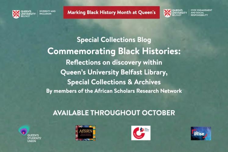 Flyer with information on the Special Collections blog, on a blue sky background, with banner on Queen's marking Black History Month