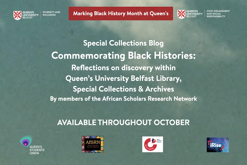 Flyer with information on the Special Collections blog, on a blue sky background, with banner on Queen