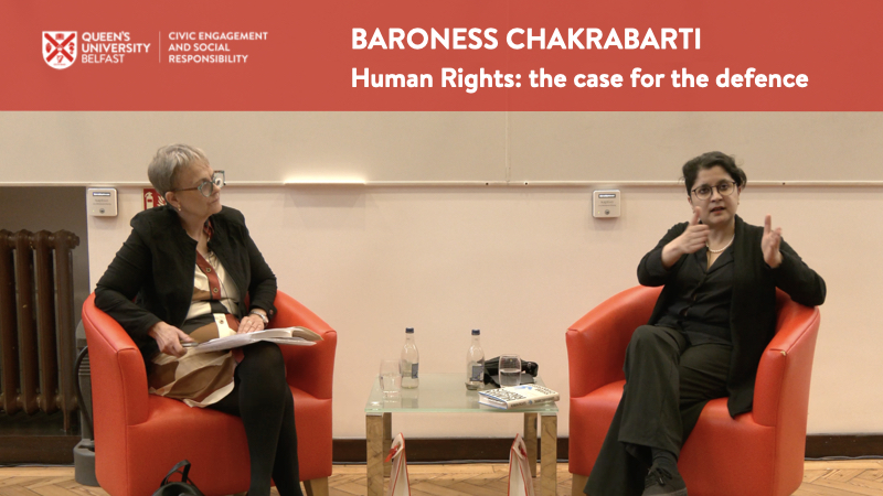 Slide showing Baroness Margaret Richie and Baroness Shami Chakrabarti, seated, in conversation at their event in Queen's