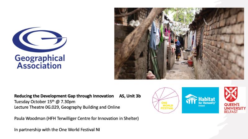 Flyer for Geographical Association session, Reducing the Development Gap through Innovation, with embedded image of alleyway in a country in the Global South