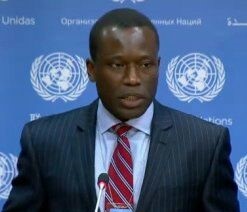 Man stands in front of UN backdrop