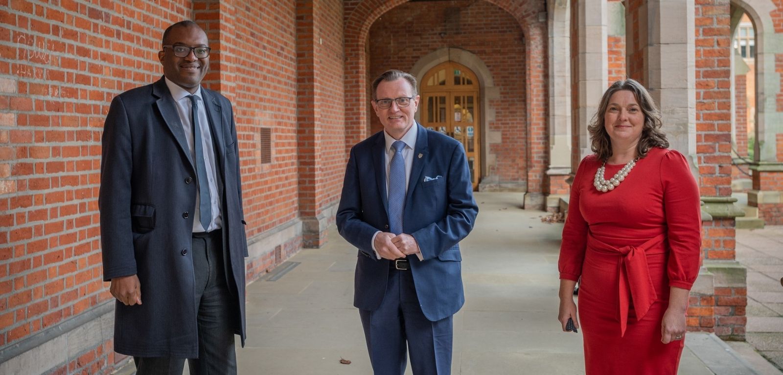 Vice-Chancellor Professor Ian Greer and Professor Emma Flynn welcomed Business Secretary Kwasi Kwarteng MP to Queen's