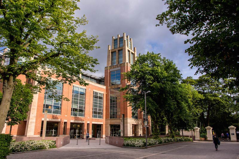 front of McClay library viewed through trees