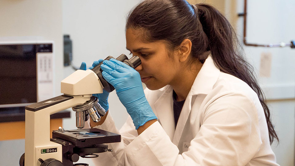 Woman using microscope