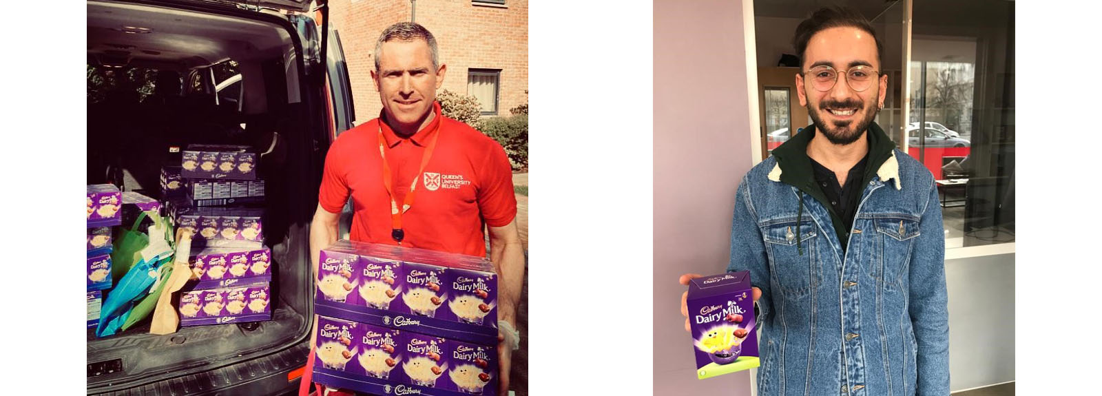 Staff buying Easter eggs and a student with an Easter egg