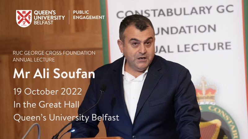 RUC George Cross Foundation lecturer Ali Soufan at podium