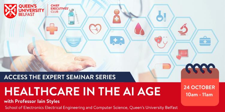 Medical symbols and text 'Healthcare in the AI Age'