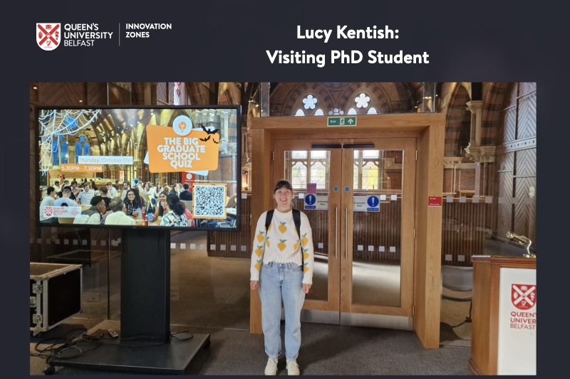 Photo of Lucy Kentish, visiting PhD student, in the Graduate School at Queen's (a 19th Century building with vaulted ceiling and modern equipment)