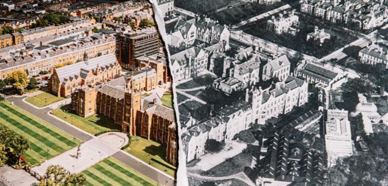 A split image showing a historic university. One half is an old black and white angle of the building and the other a modern one.