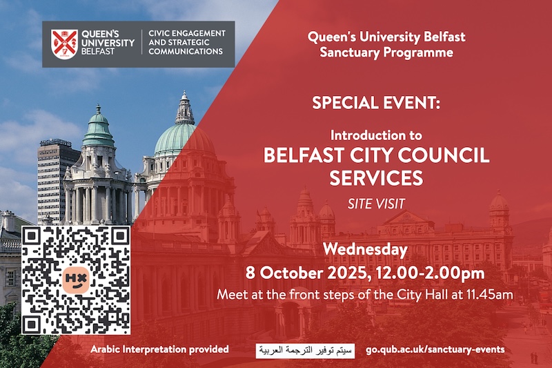 Flyer for QUB Sanctuary special event on 8 October 2025, with details of visit to City Hall, time, meeting place etc, plus QR code, on red backdrop superimposed on an image of the City Hall.