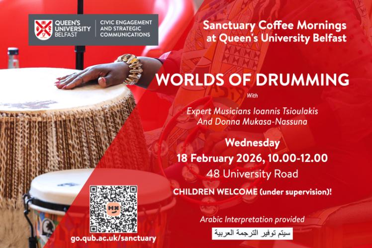 Flyer for drumming event, with information on red, with image of an African drummer in the background