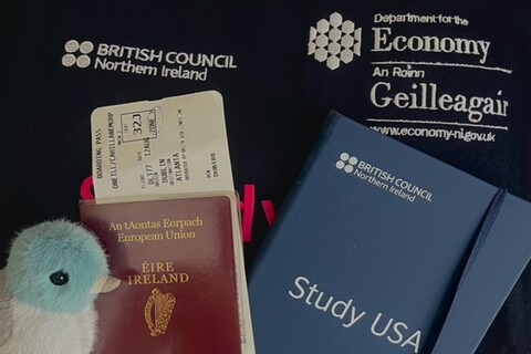 Student's passport, Study USA brochure and hoodie