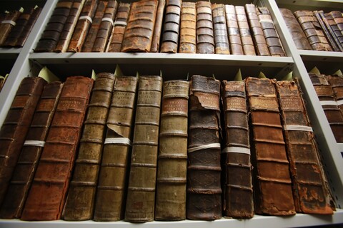 Books on shelf in Special Collections