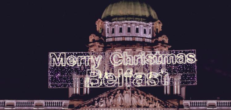 Merry Christmas Belfast signage on the front of City Hall building