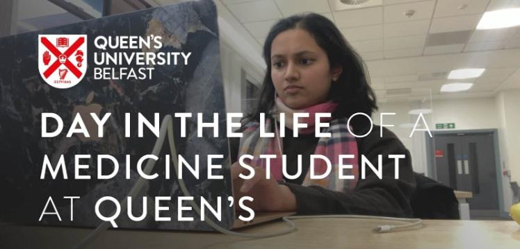 Student Radhika on computer with title 'Day in the Life of a Medicine Student at Queen's' overlaid