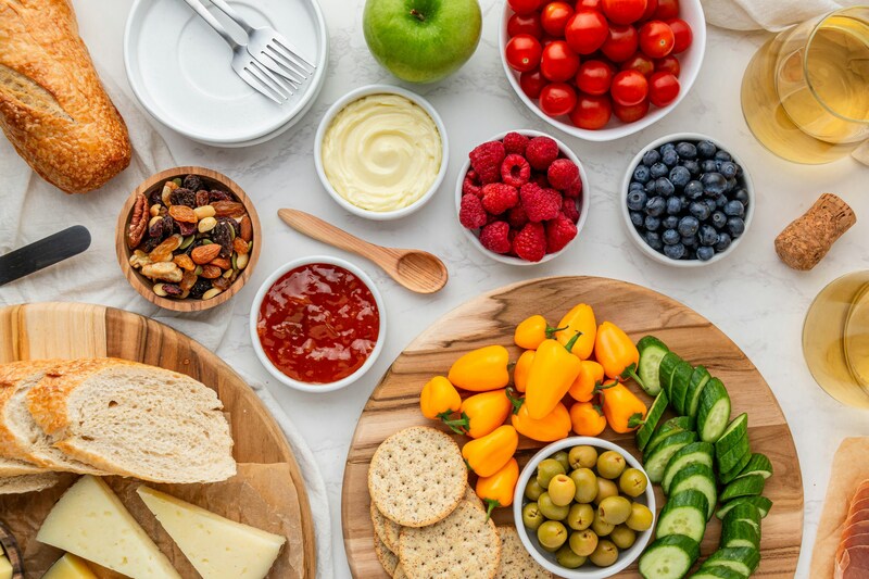 Platter of fruit, vegetables and bread