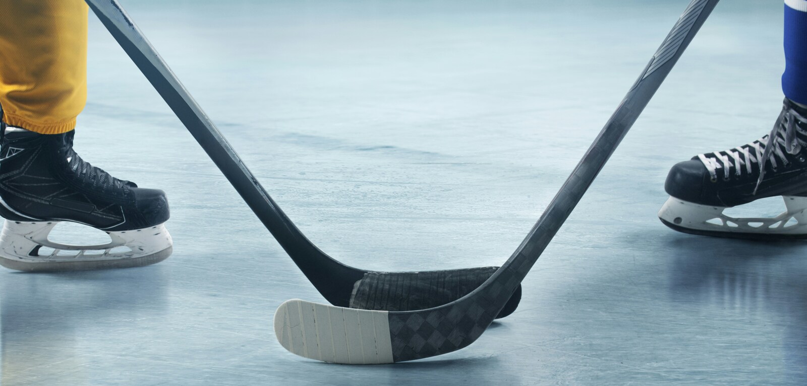 Two ice hockey players with sticks turned towards each other