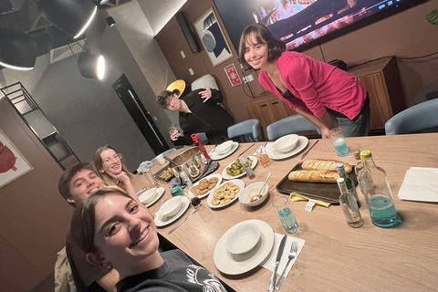 Exchange student Jude with friends at dinner