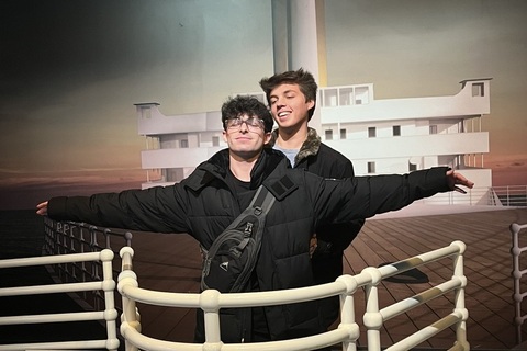 Student Jude and friend posing at the Titanic Museum in Belfast