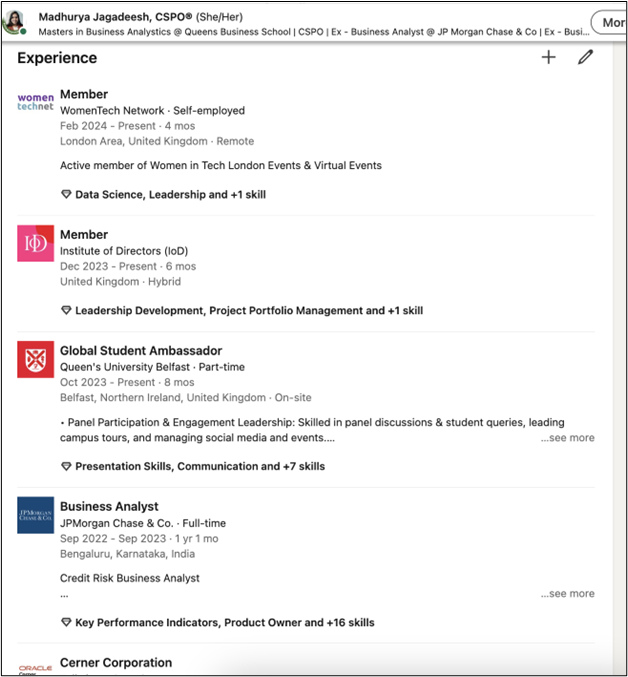 Madhurya LinkedIn experience section