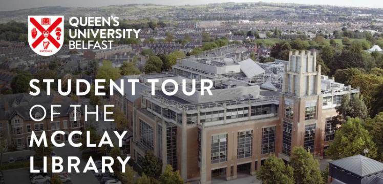 Aerial shot of the McClay Library with the title 'Student Tour of the McClay Library' on the left hand side