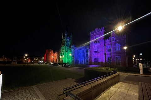 Lanyon building lit up in rainbow colours
