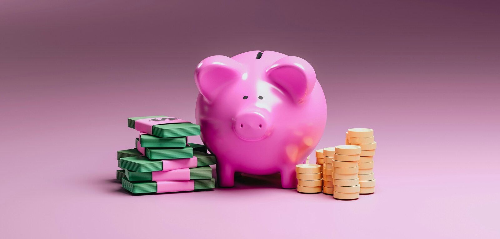 Pink piggy bank looking down at coins