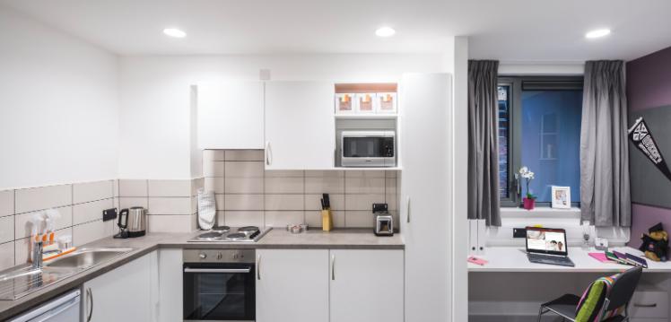 Kitchen and desk in student accommodation