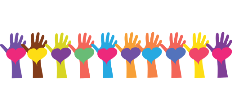 Hand of various colours in the air with hearts on them