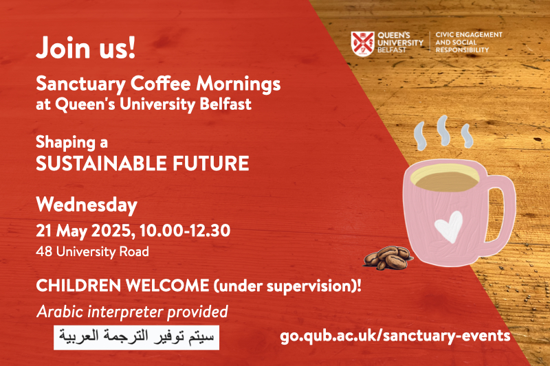 Flyer for Sanctuary Coffee Morning, with details of the event, a red background superimposed on a table with image of steaming coffee mug.