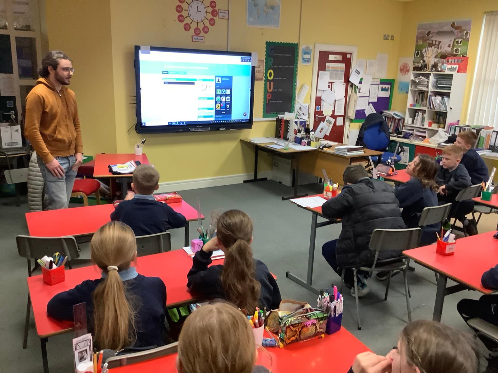 Kevin Fitzsimons speaking with the P7 pupils at St Patrick’s Primary School