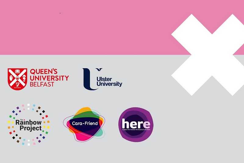 pink background on top third and grey background on the rest, with logos from Rainbow Project, Queen's University, Ulster University, Cara-Friend and HERe