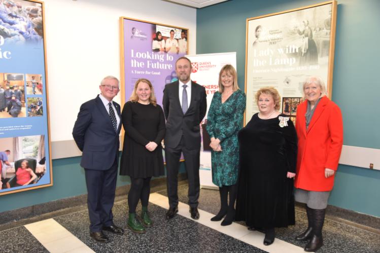 Florence Nightingale Exhibition attendees Deputy Lord Lieutenant Professor Martin Bradley, GEMS Midwifery Student Catherine McLaughlin, Professor Aaron Maule, Faculty Pro-Vice Chancellor, Professor Donna Fitzsimons, Head of School, Lord Lieutenant Dame Fionnuala Jay-O'Boyle and Deputy Lord Lieutenant Dame Judith Hill.