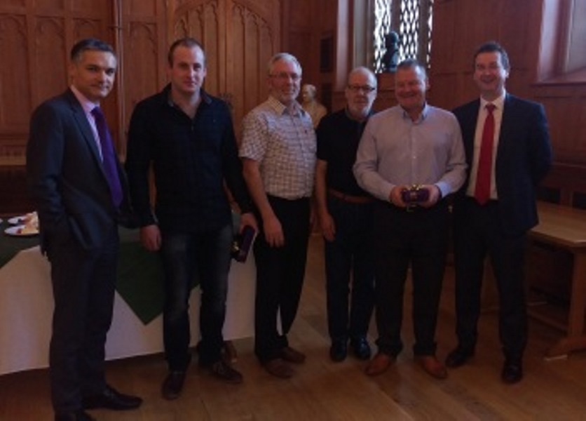 L-R: Professor Brian Falzon (Head of School), Mr Jason Hoy, Mr John Kissick, Mr John Hull, Mr Silbert Wilson (Technicians) and Professor Mark Price (Faculty PVC).