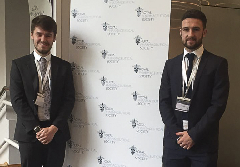 Image of Scott Davidson and John Gillen, former MPharm students, presenting research at the Royal Pharmaceutical Society Conference