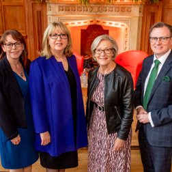 Prof Nola Hewitt-Dundas, Head of QMS; Prof Mary McAleese, former President of Ireland; Wendy Austin, Broadcaster & Lecture Compere; Prof Ian Greer, President & Vice-Chancellor of Queen's University