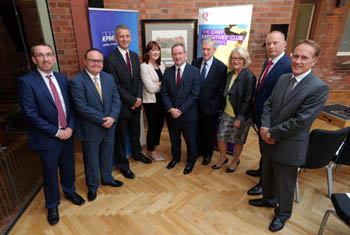 (L-R) Professor John Turner, Dr Graham Brownlow, Eamonn Donaghy, Angela McGowan, Professor Patrick Johnston, John Simpson, Dr Wendy Austin MBE, Richard Ramsey, Jon D'Arcy
