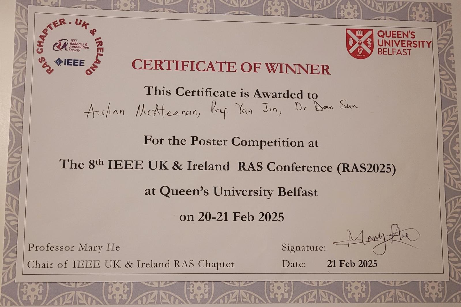 Best Poster Award at the 8th IEEE UK & Ireland RAS Conference