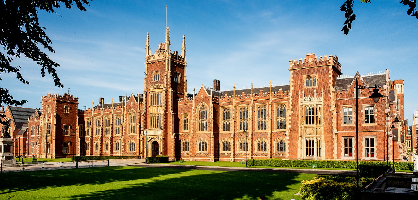 Queen's University Belfast Lanyon Building façade in bright sunshine