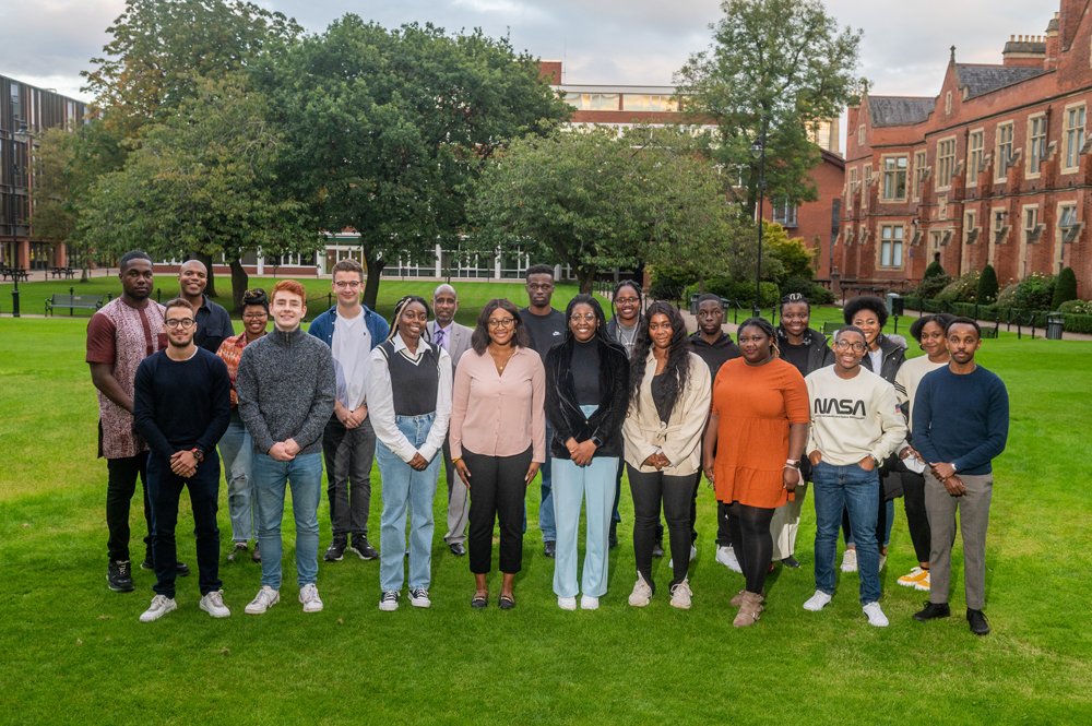 Students and staff in QUB quadrangle for Black History Month 2021