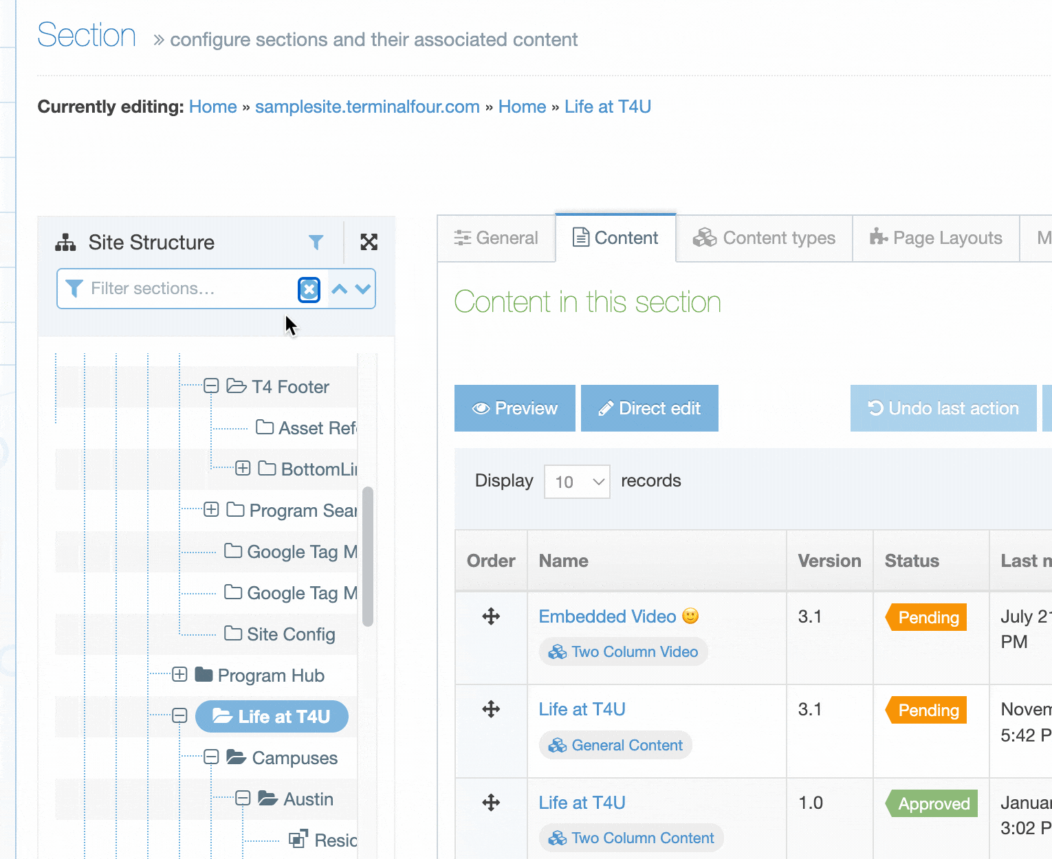 A demo of the new Edit Section Filter in Terminalfour Release 8.3.15